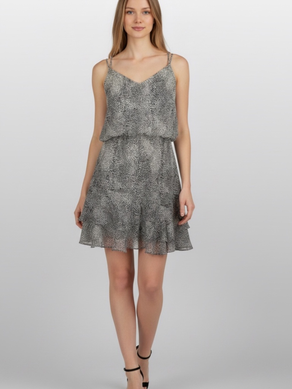 EnCrรจme Black & White Speckled Animal Print Layered Tiered Mini Dress Size Large